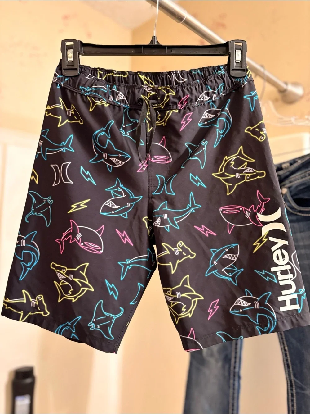 Hurley Black Swim Shorts with Neon Shark Pattern